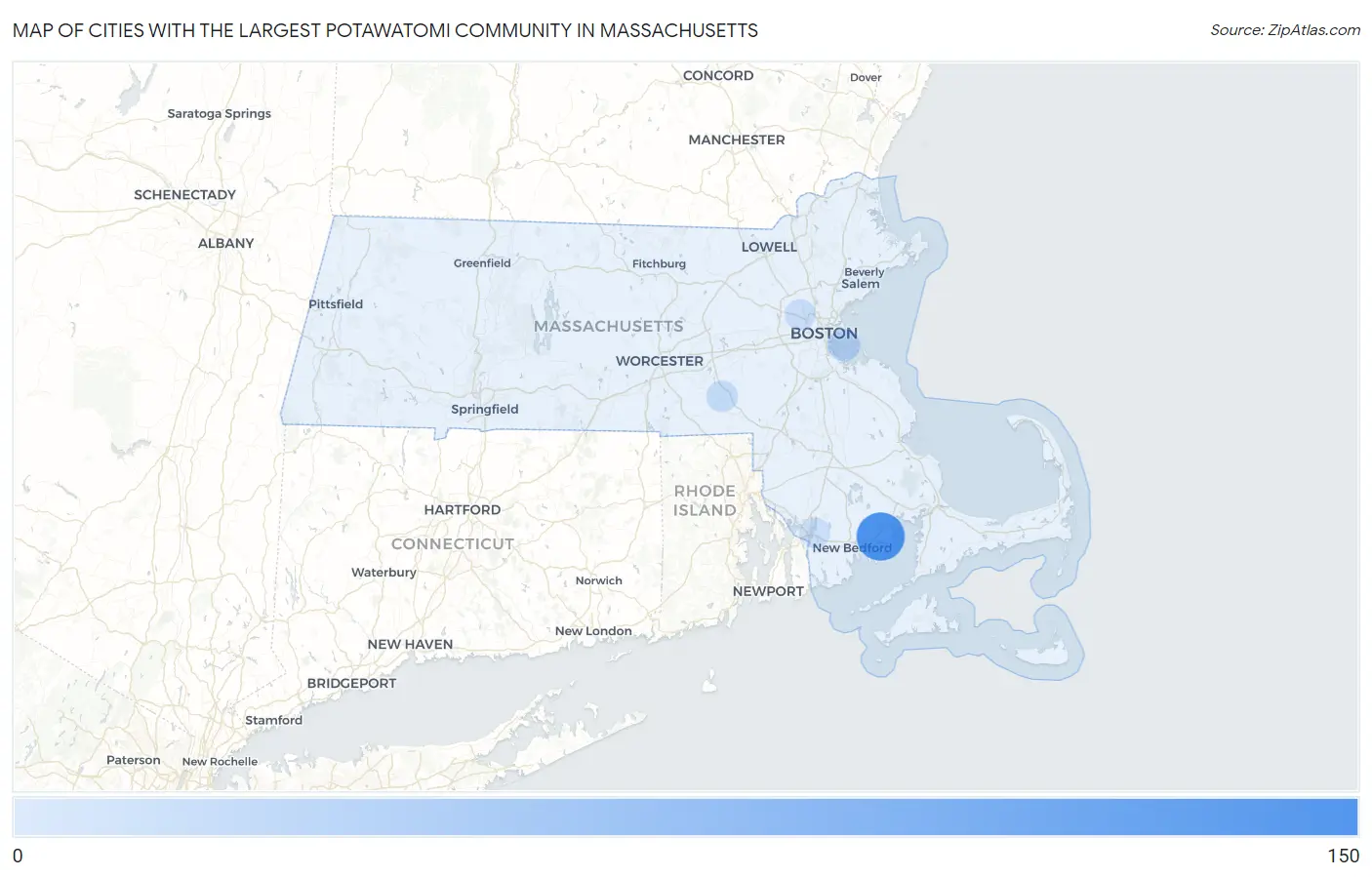 Cities with the Largest Potawatomi Community in Massachusetts Map