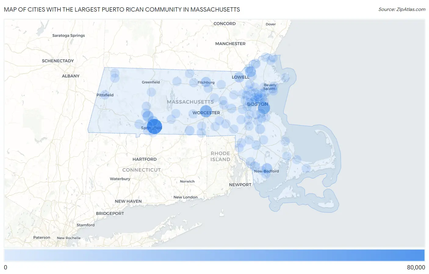 Cities with the Largest Puerto Rican Community in Massachusetts Map