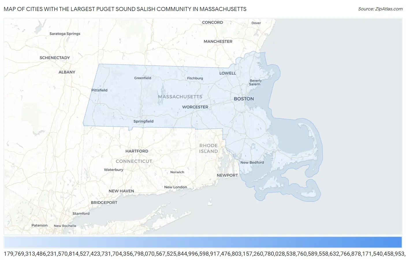 Cities with the Largest Puget Sound Salish Community in Massachusetts Map