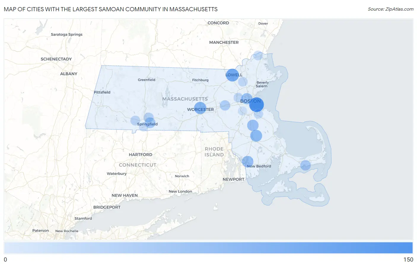 Cities with the Largest Samoan Community in Massachusetts Map