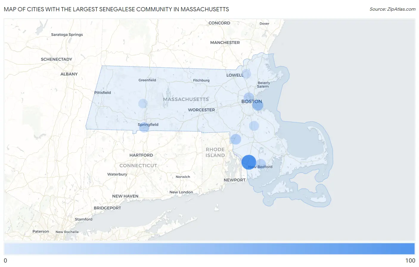 Cities with the Largest Senegalese Community in Massachusetts Map