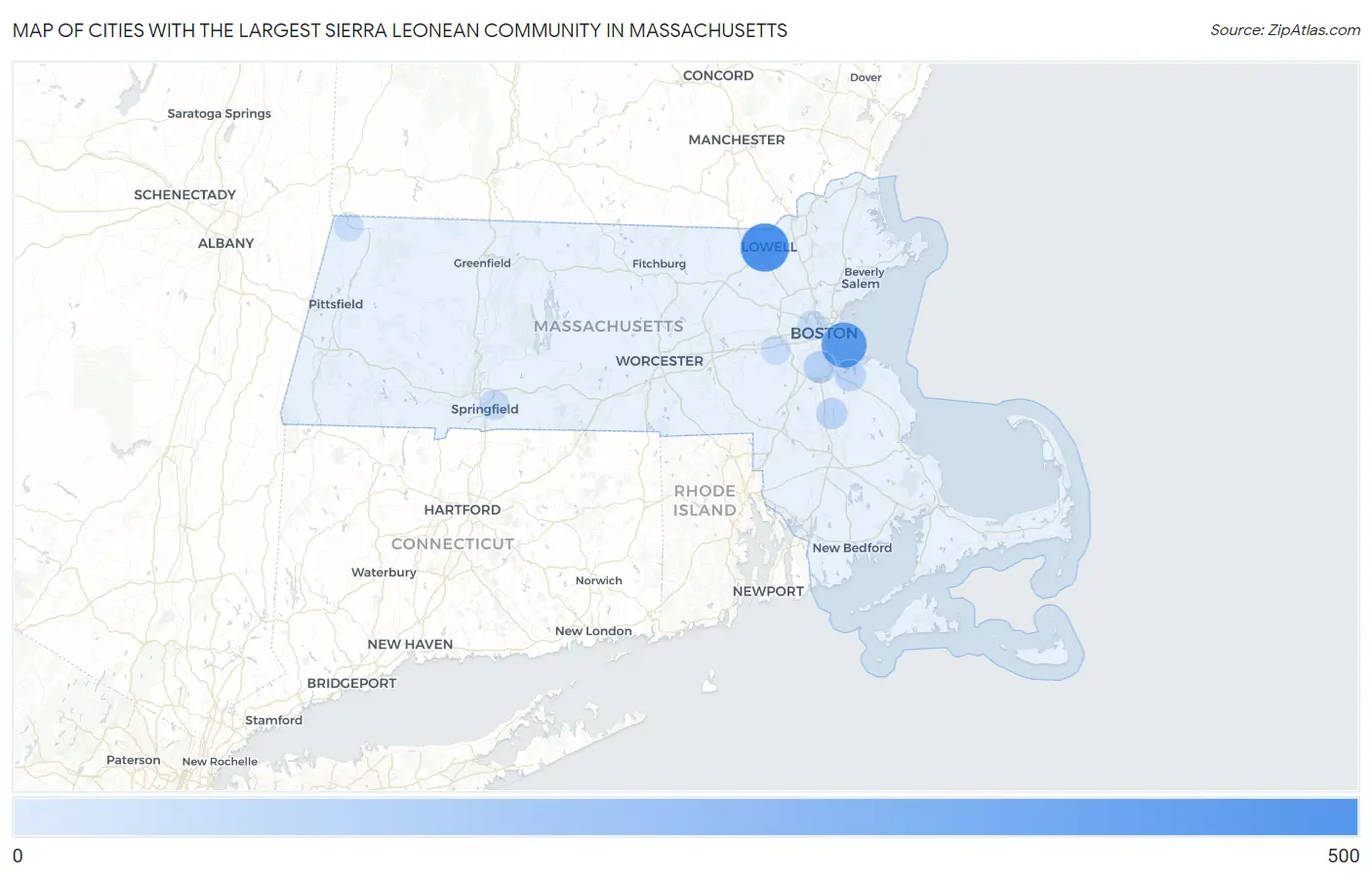 Cities with the Largest Sierra Leonean Community in Massachusetts Map