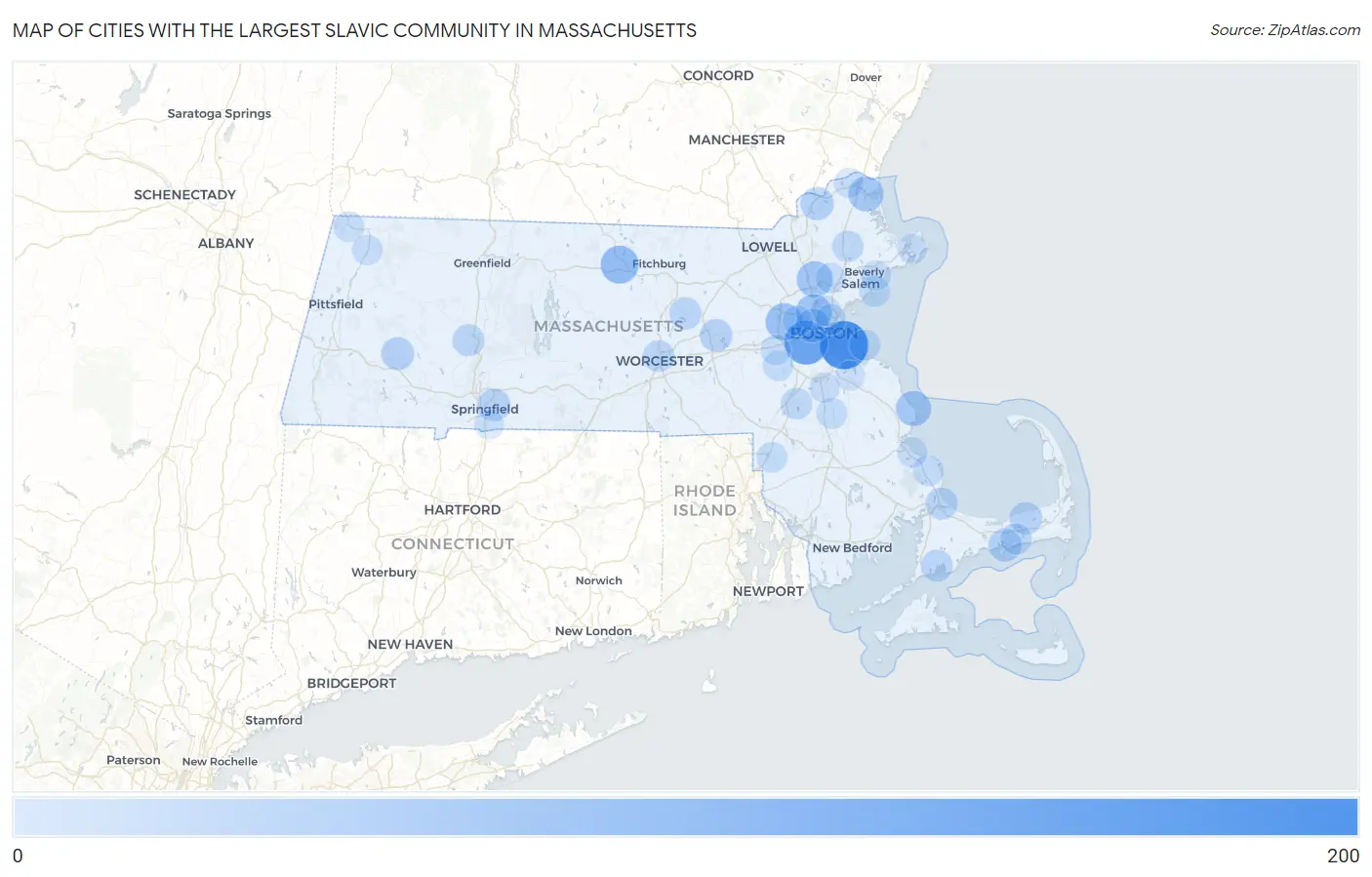 Cities with the Largest Slavic Community in Massachusetts Map