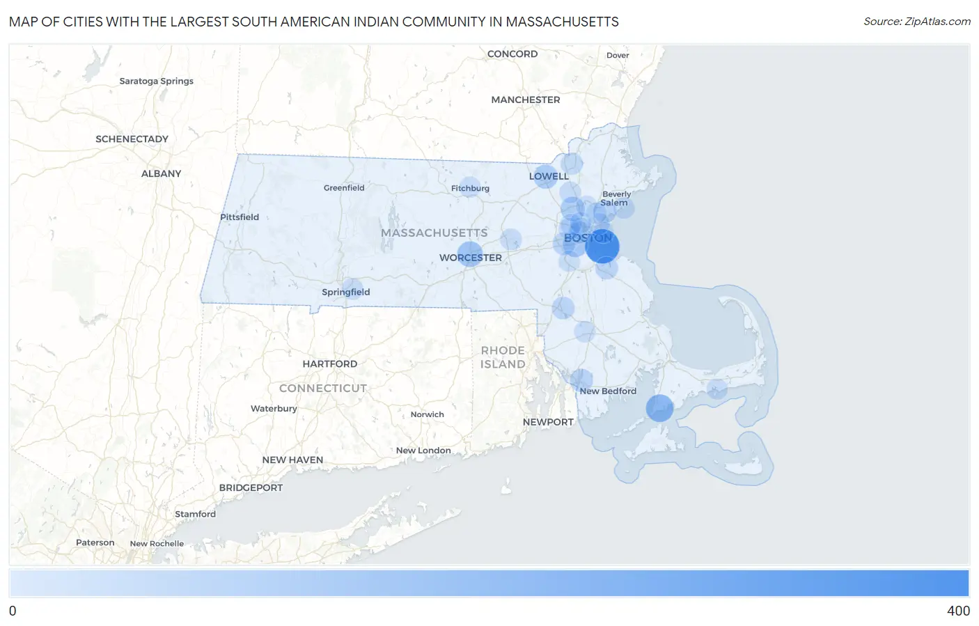 Cities with the Largest South American Indian Community in Massachusetts Map