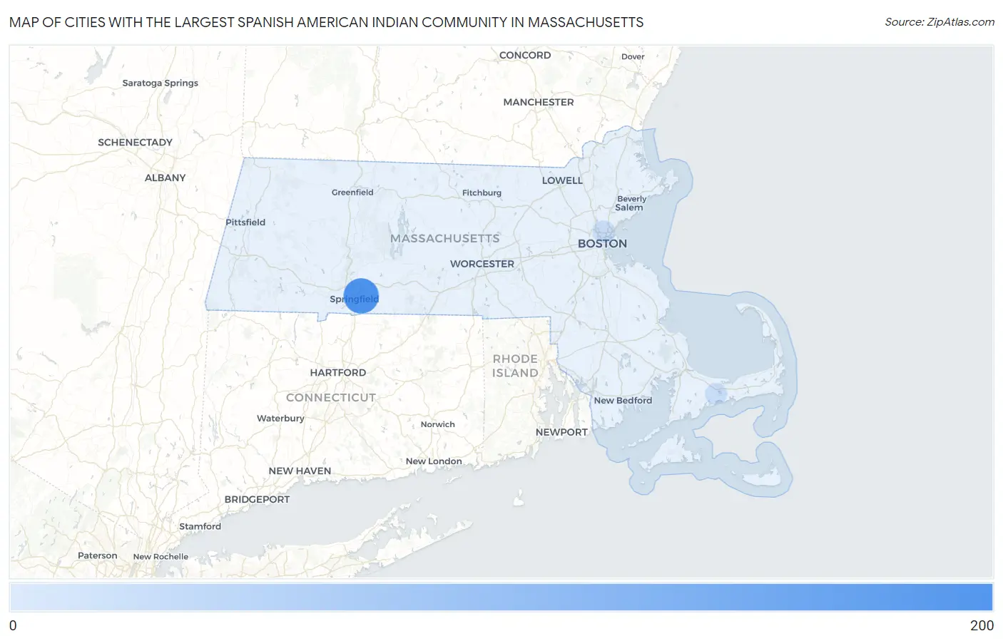 Cities with the Largest Spanish American Indian Community in Massachusetts Map