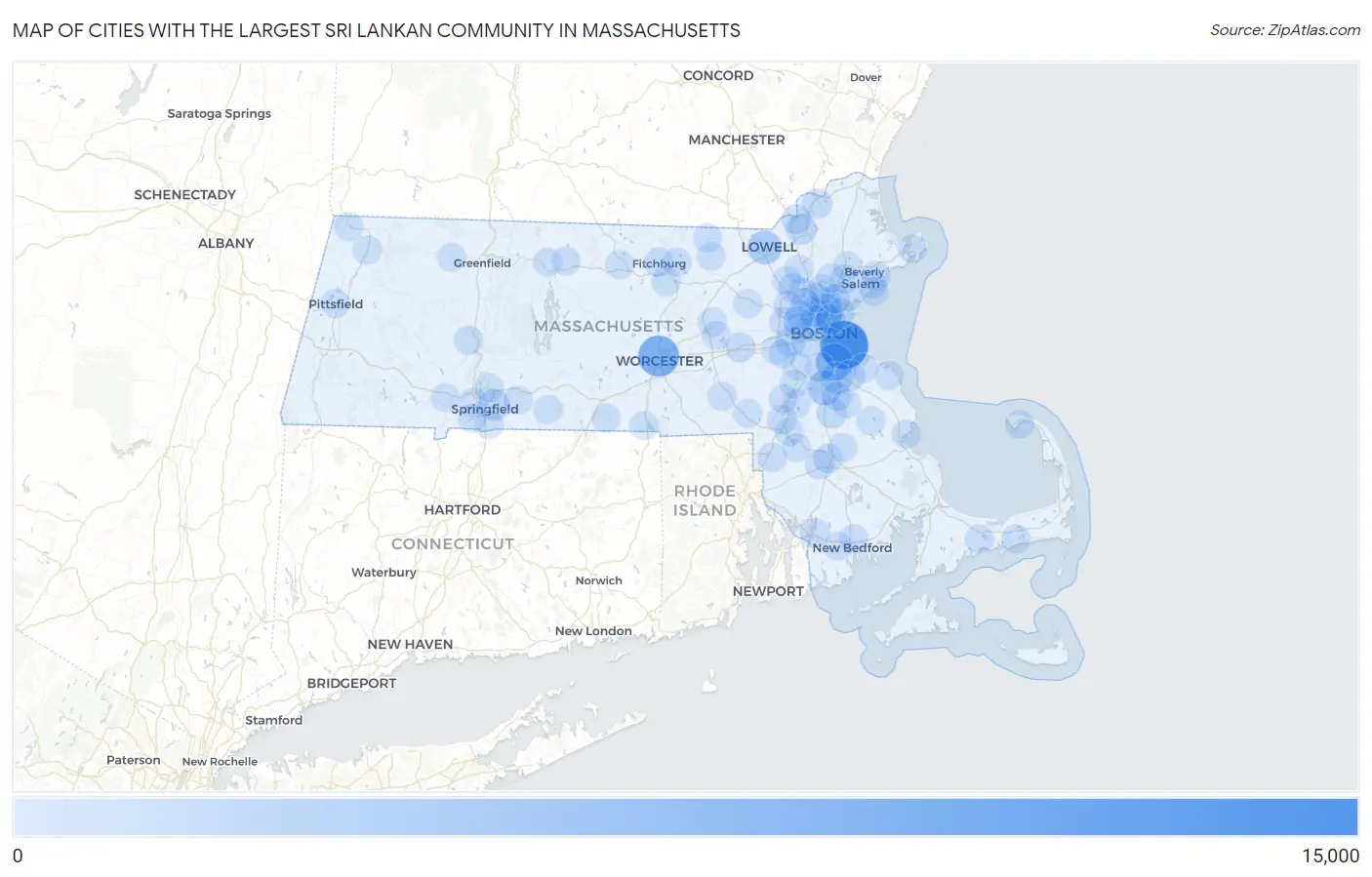 Cities with the Largest Sri Lankan Community in Massachusetts Map