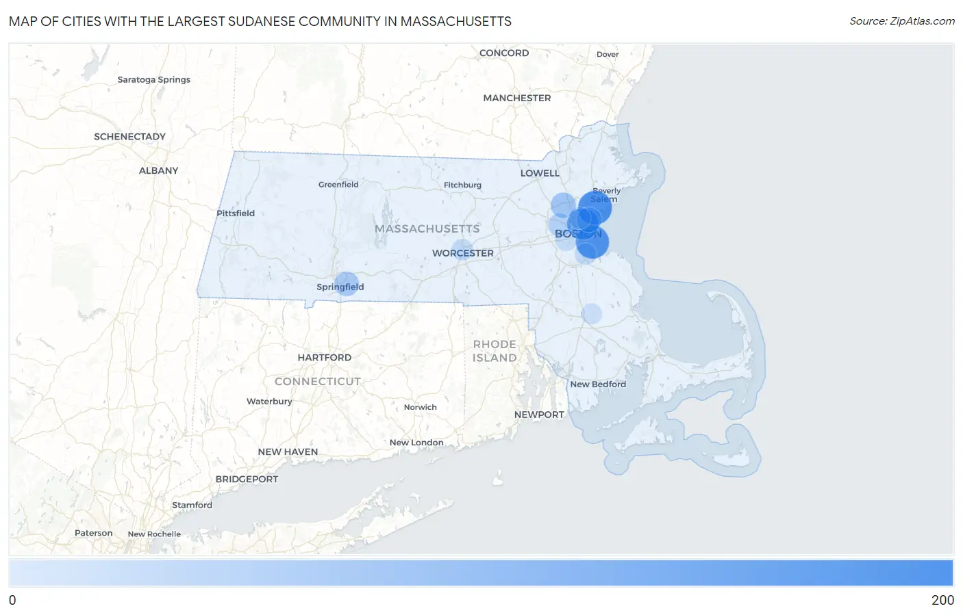 Cities with the Largest Sudanese Community in Massachusetts Map