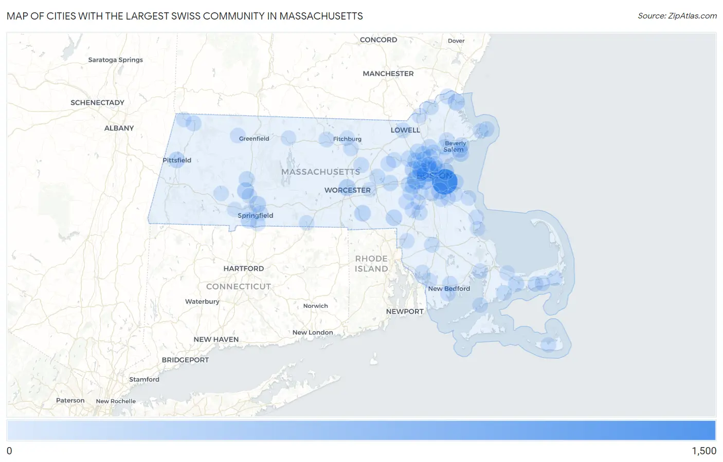 Cities with the Largest Swiss Community in Massachusetts Map