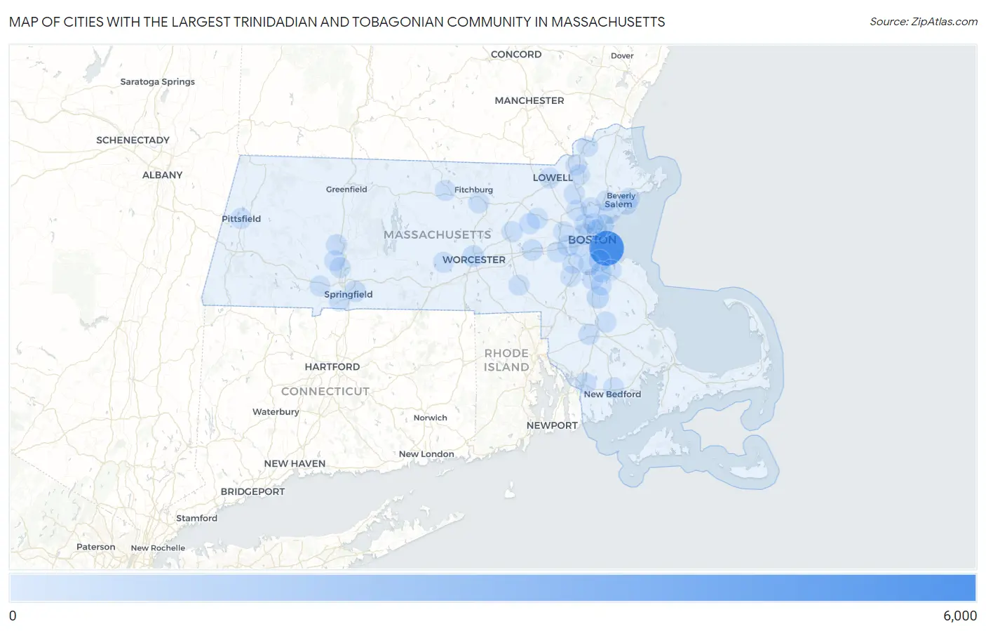 Cities with the Largest Trinidadian and Tobagonian Community in Massachusetts Map