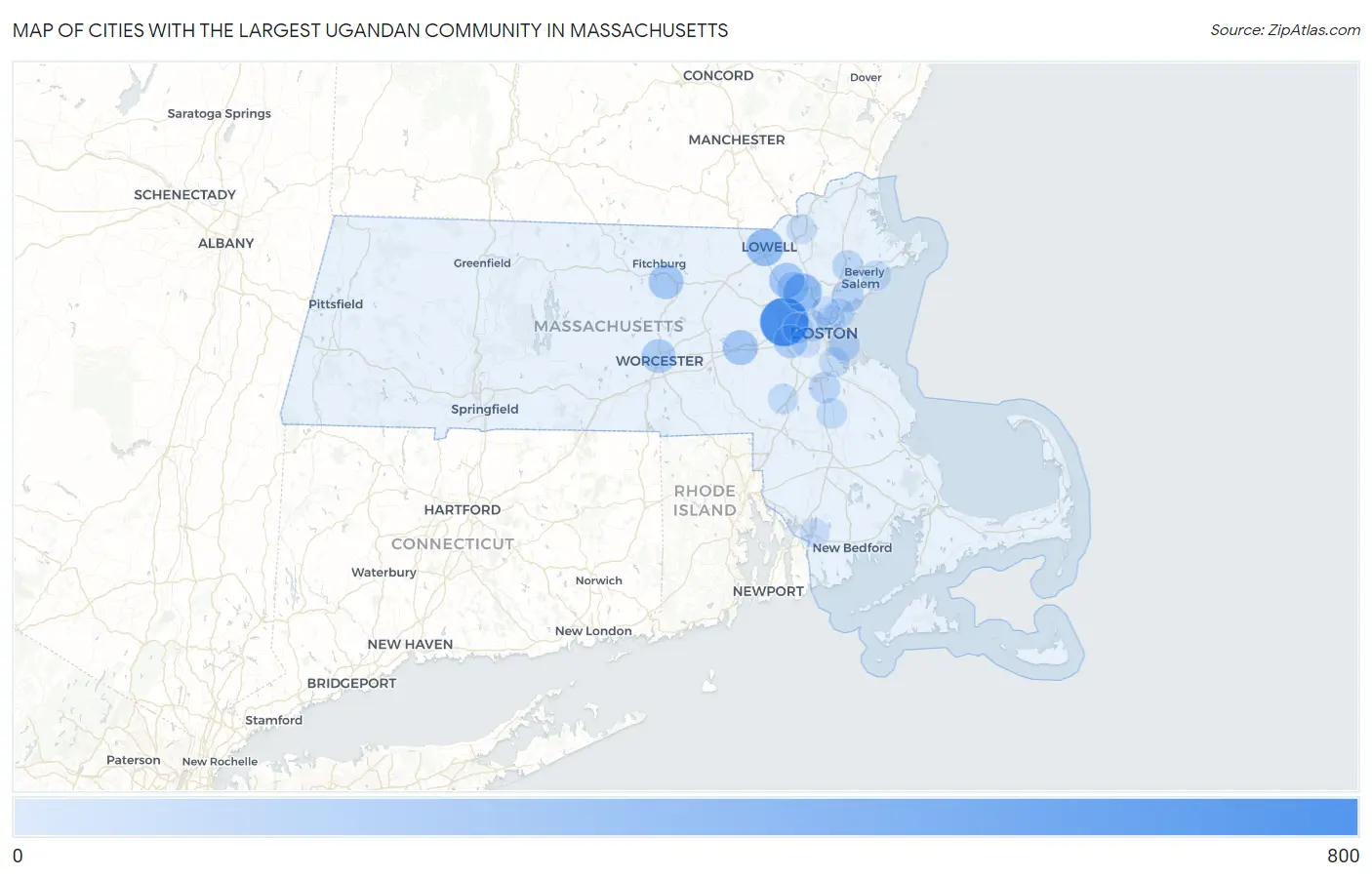 Cities with the Largest Ugandan Community in Massachusetts Map