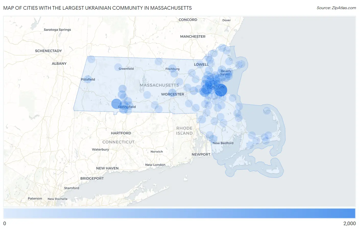 Cities with the Largest Ukrainian Community in Massachusetts Map