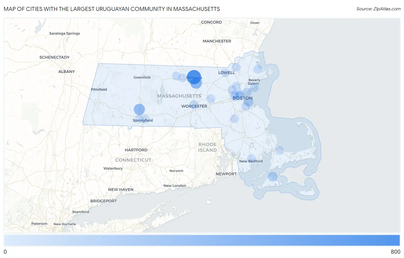 Cities with the Largest Uruguayan Community in Massachusetts Map