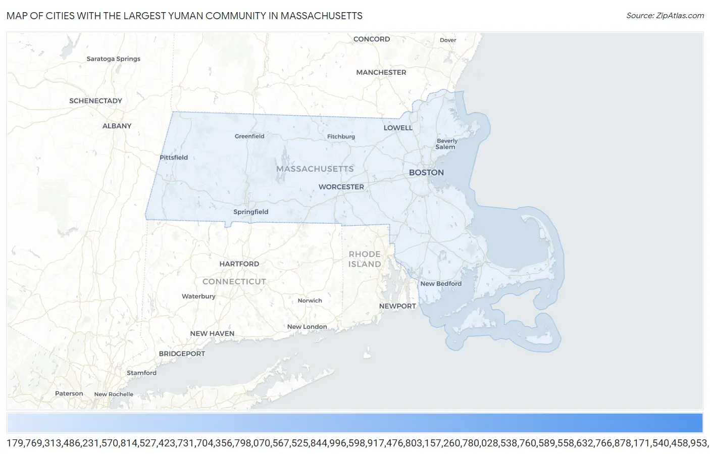 Cities with the Largest Yuman Community in Massachusetts Map