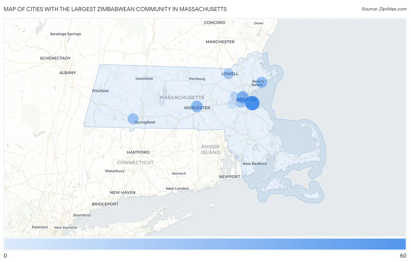 Cities with the Largest Zimbabwean Community in Massachusetts Map