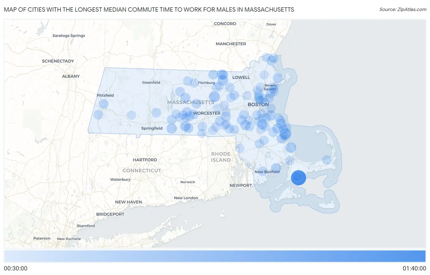 Cities with the Longest Median Commute Time to Work for Males in Massachusetts Map