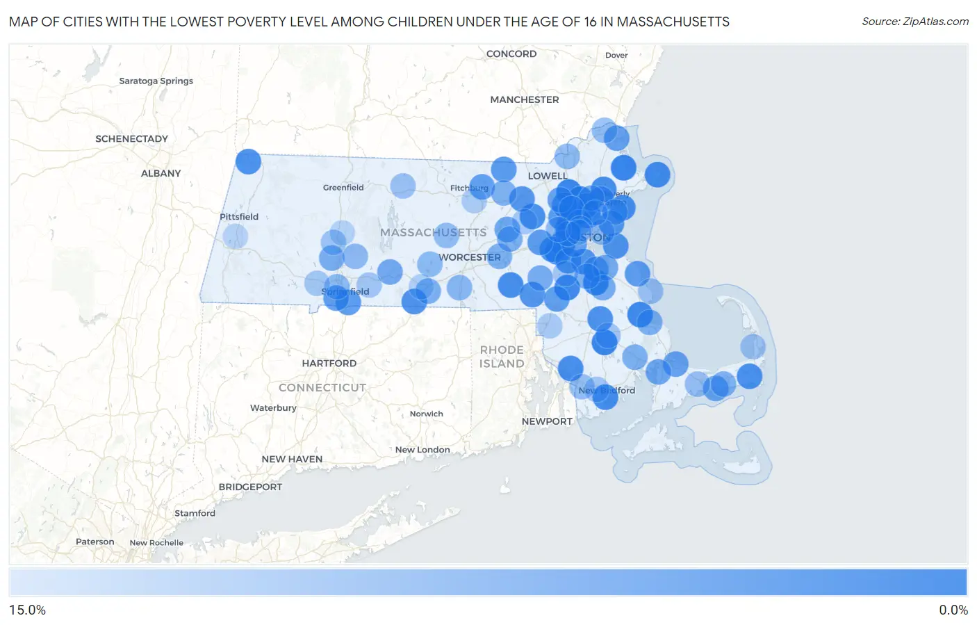 Cities with the Lowest Poverty Level Among Children Under the Age of 16 in Massachusetts Map