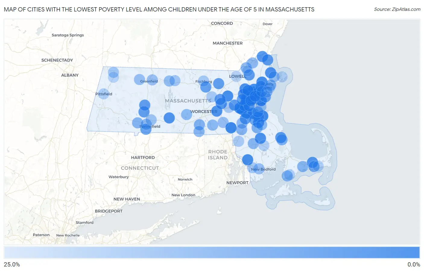 Cities with the Lowest Poverty Level Among Children Under the Age of 5 in Massachusetts Map