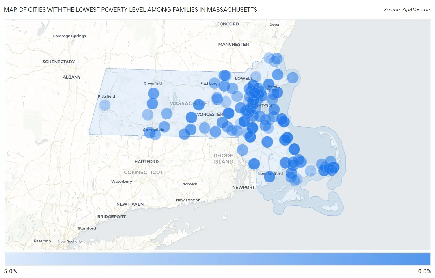 Cities with the Lowest Poverty Level Among Families in Massachusetts Map