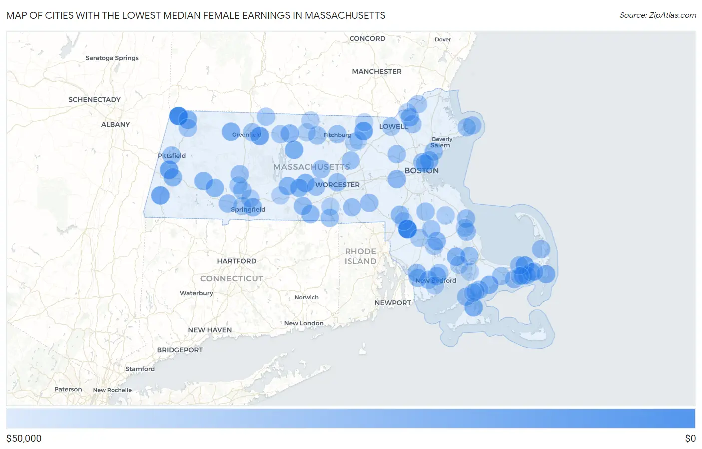 Cities with the Lowest Median Female Earnings in Massachusetts Map