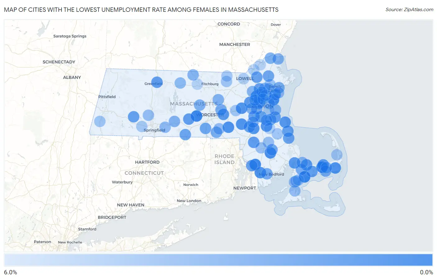 Cities with the Lowest Unemployment Rate Among Females in Massachusetts Map