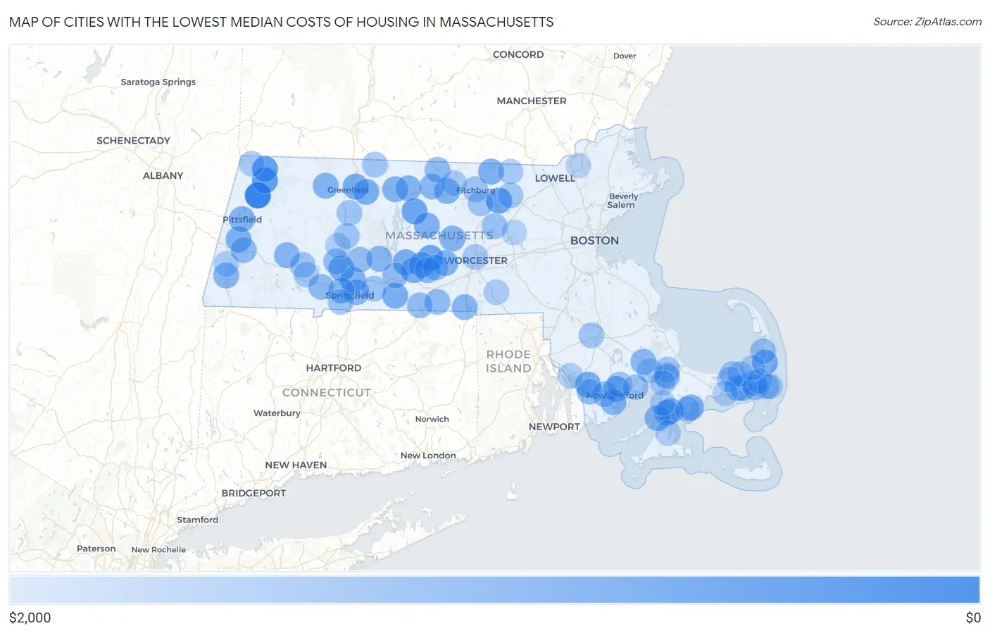 Cities with the Lowest Median Costs of Housing in Massachusetts Map