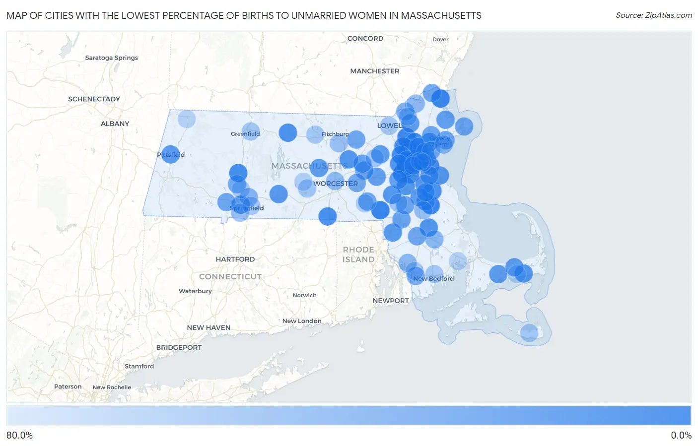 Cities with the Lowest Percentage of Births to Unmarried Women in Massachusetts Map