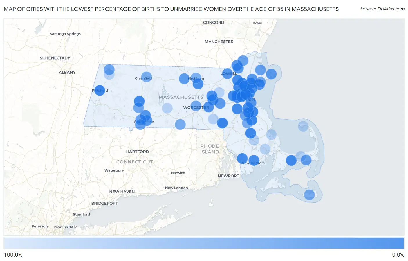 Cities with the Lowest Percentage of Births to Unmarried Women over the Age of 35 in Massachusetts Map