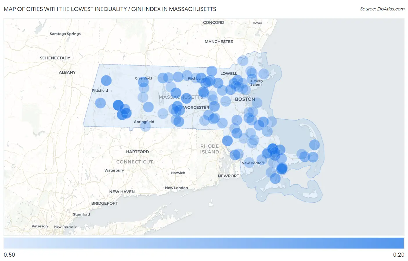 Cities with the Lowest Inequality / Gini Index in Massachusetts Map