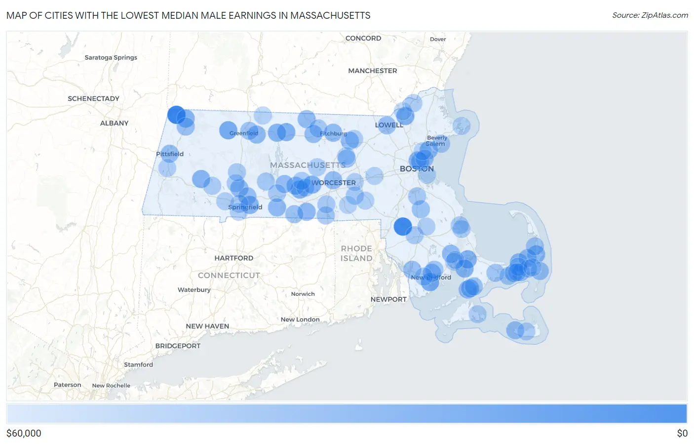 Cities with the Lowest Median Male Earnings in Massachusetts Map