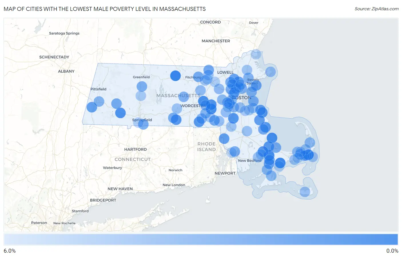 Cities with the Lowest Male Poverty Level in Massachusetts Map