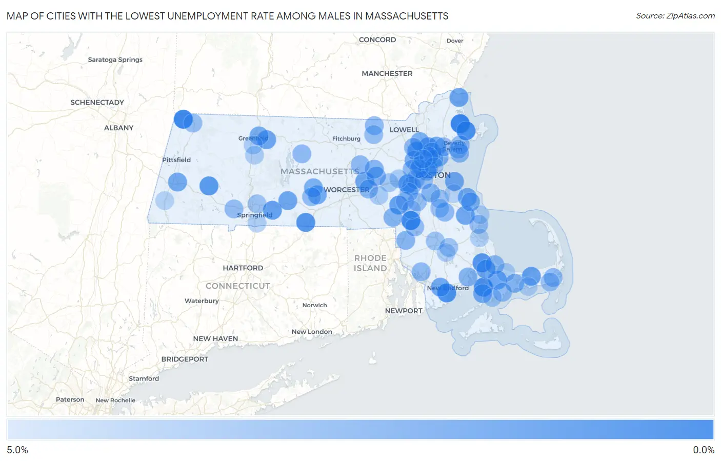 Cities with the Lowest Unemployment Rate Among Males in Massachusetts Map