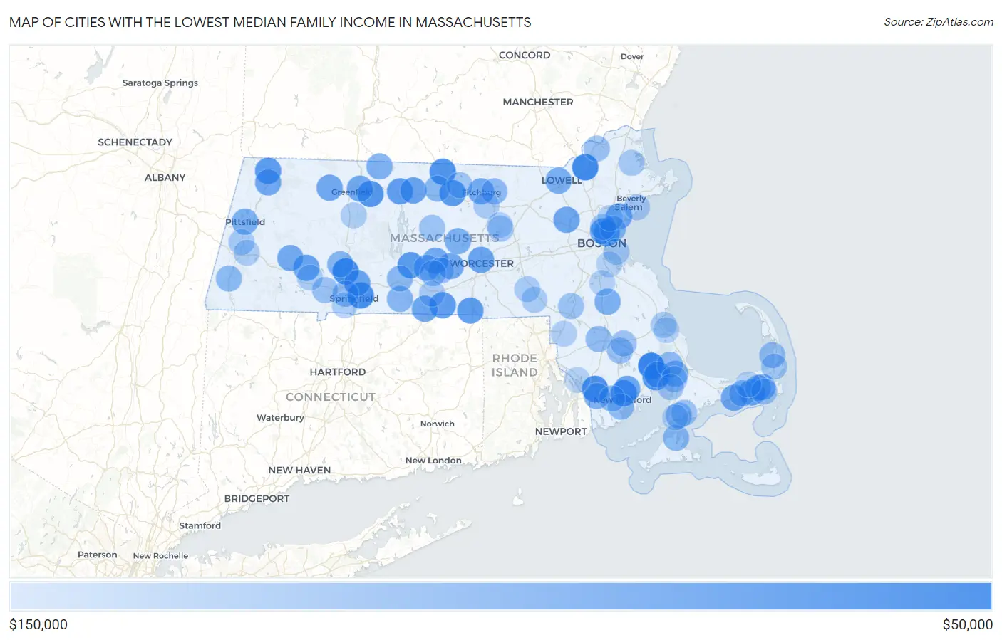 Cities with the Lowest Median Family Income in Massachusetts Map