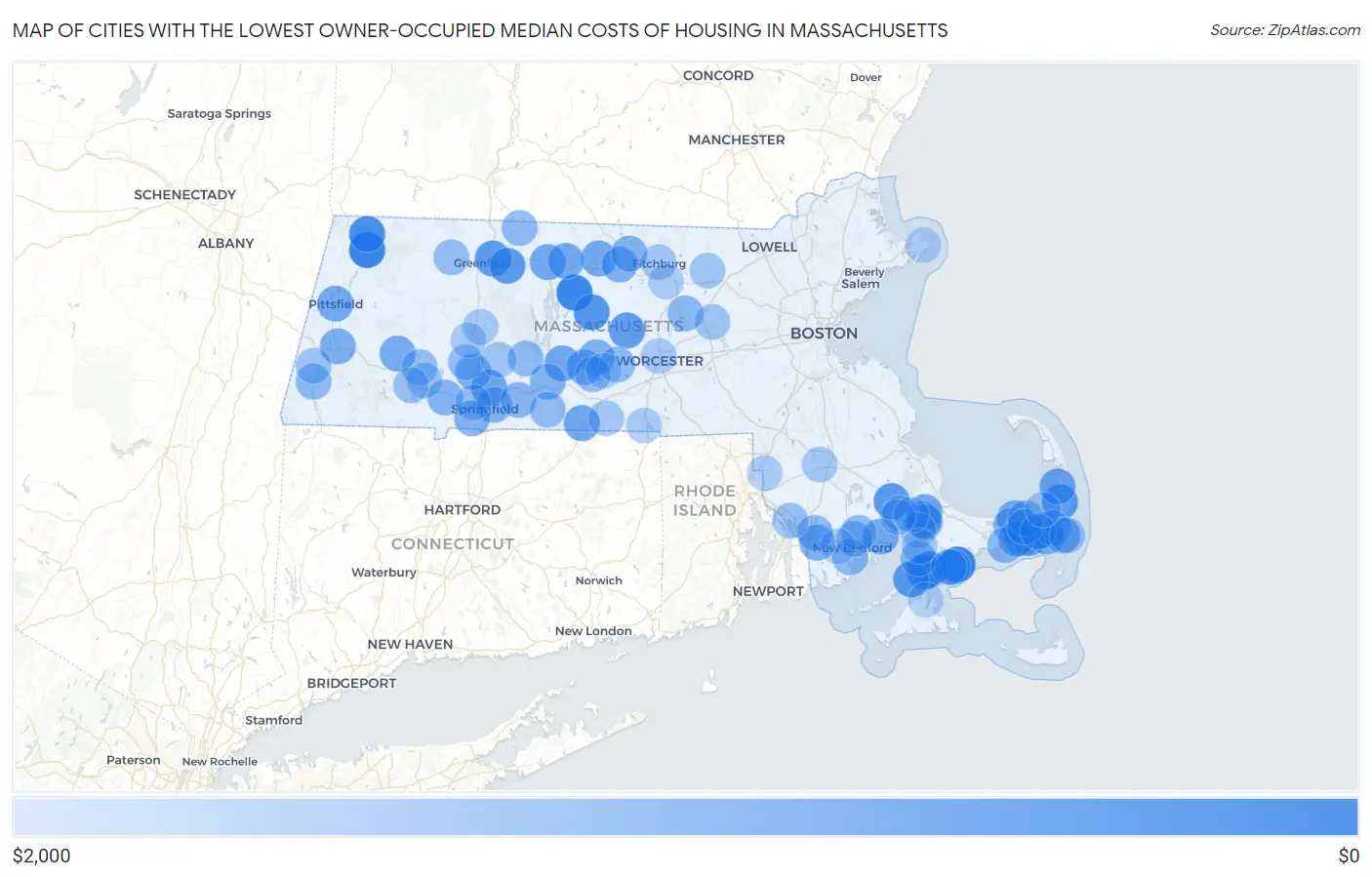 Cities with the Lowest Owner-Occupied Median Costs of Housing in Massachusetts Map
