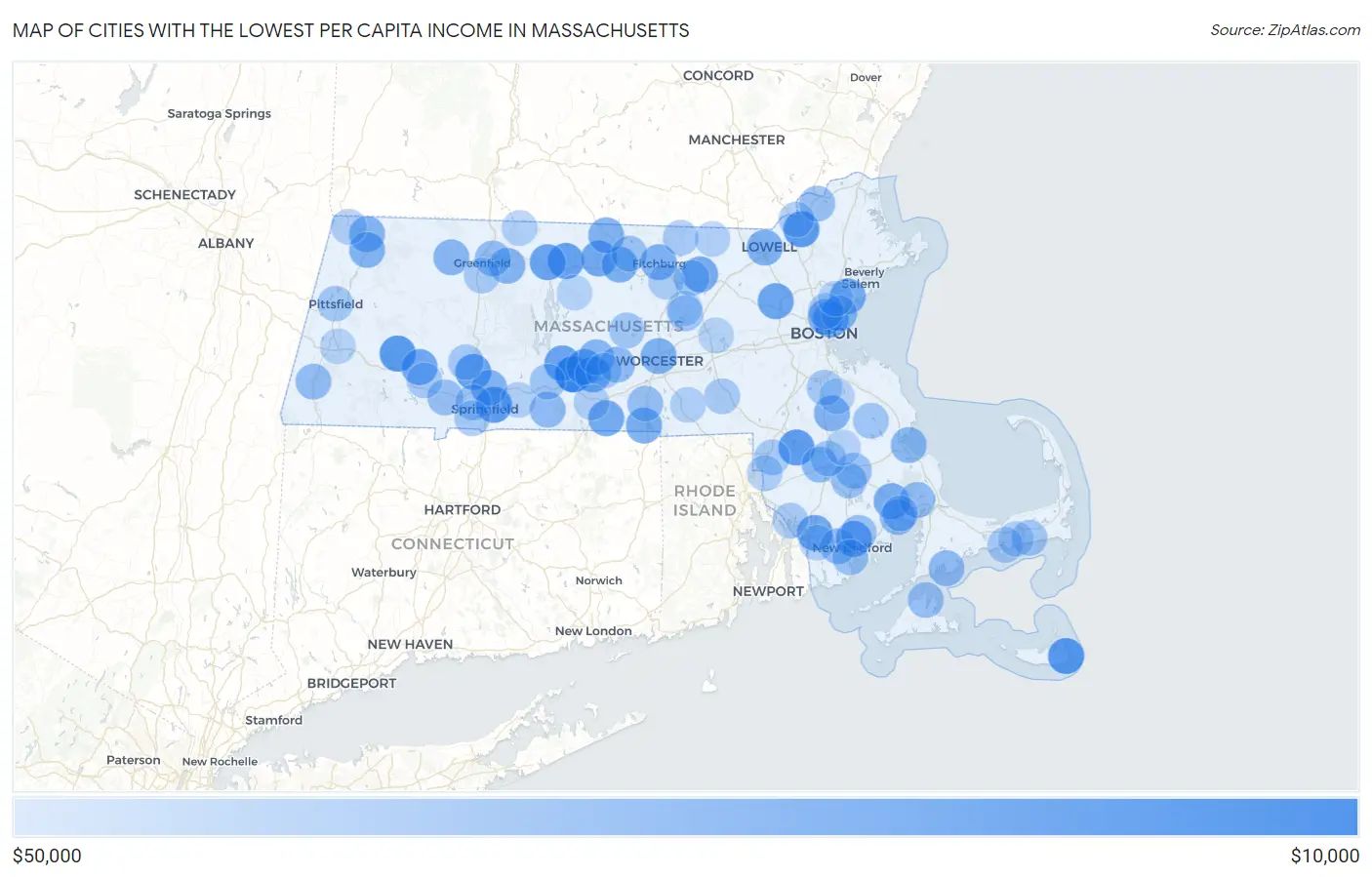 Cities with the Lowest Per Capita Income in Massachusetts Map