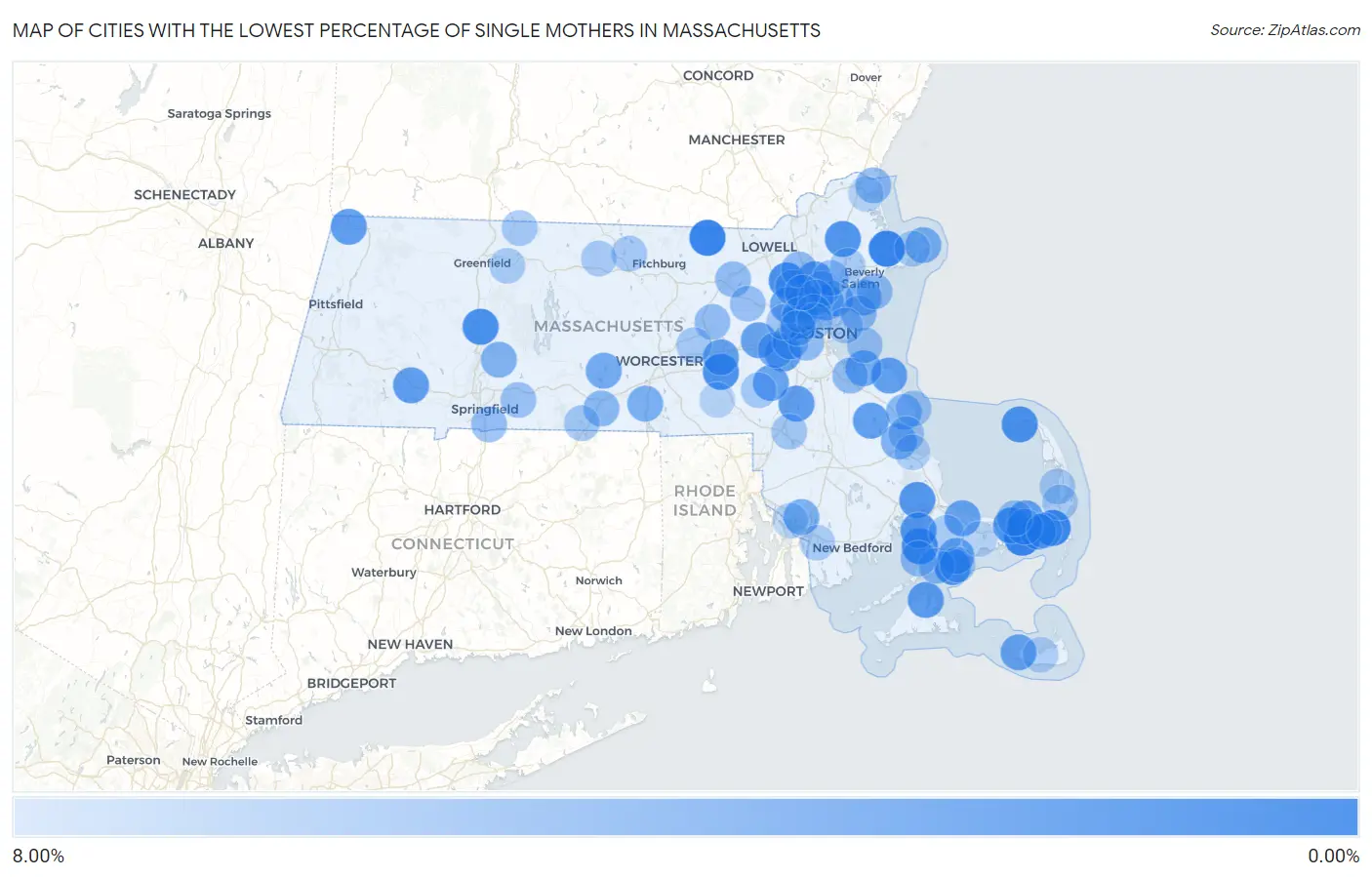 Cities with the Lowest Percentage of Single Mothers in Massachusetts Map