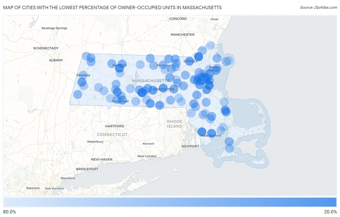 Cities with the Lowest Percentage of Owner-Occupied Units in Massachusetts Map