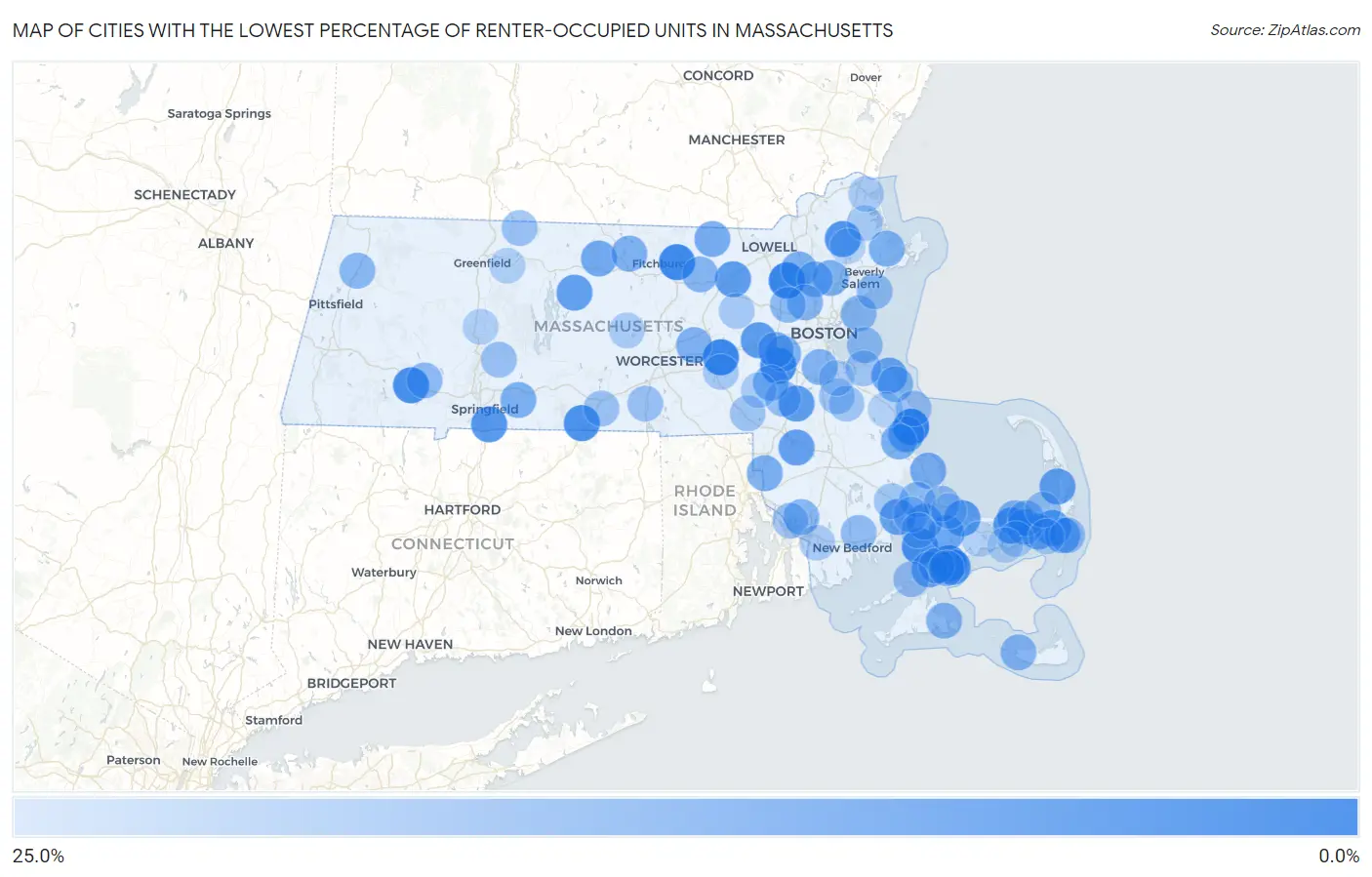 Cities with the Lowest Percentage of Renter-Occupied Units in Massachusetts Map