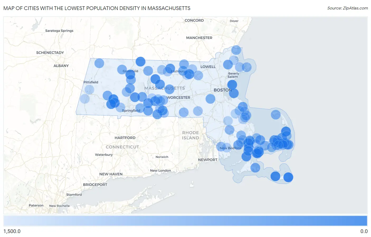 Cities with the Lowest Population Density in Massachusetts Map