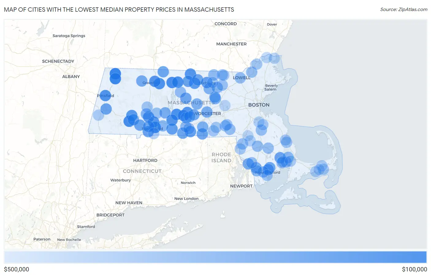 Cities with the Lowest Median Property Prices in Massachusetts Map