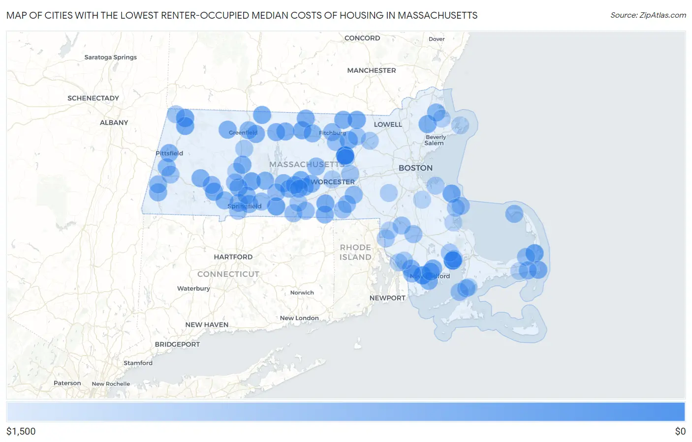 Cities with the Lowest Renter-Occupied Median Costs of Housing in Massachusetts Map
