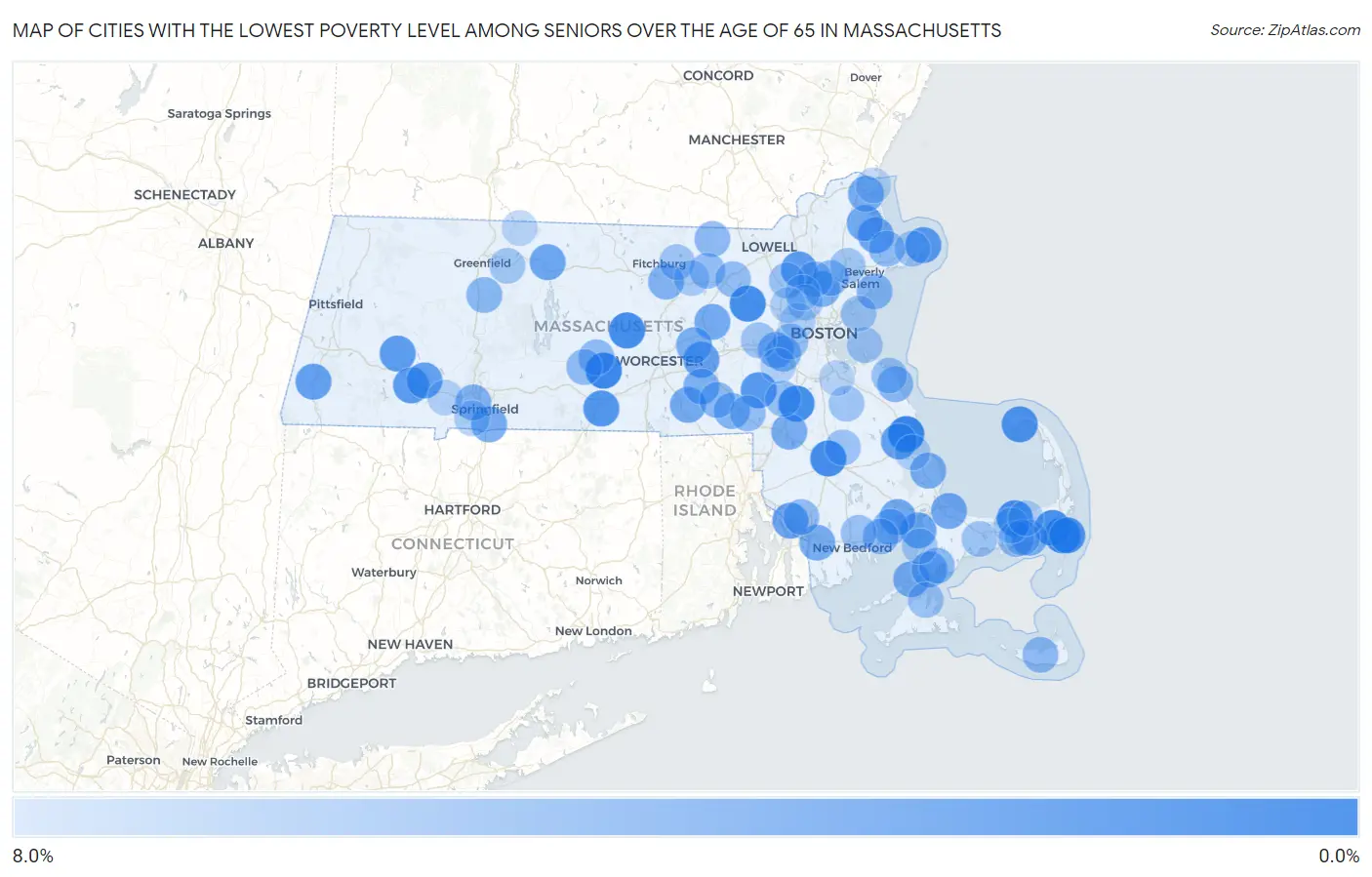 Cities with the Lowest Poverty Level Among Seniors Over the Age of 65 in Massachusetts Map