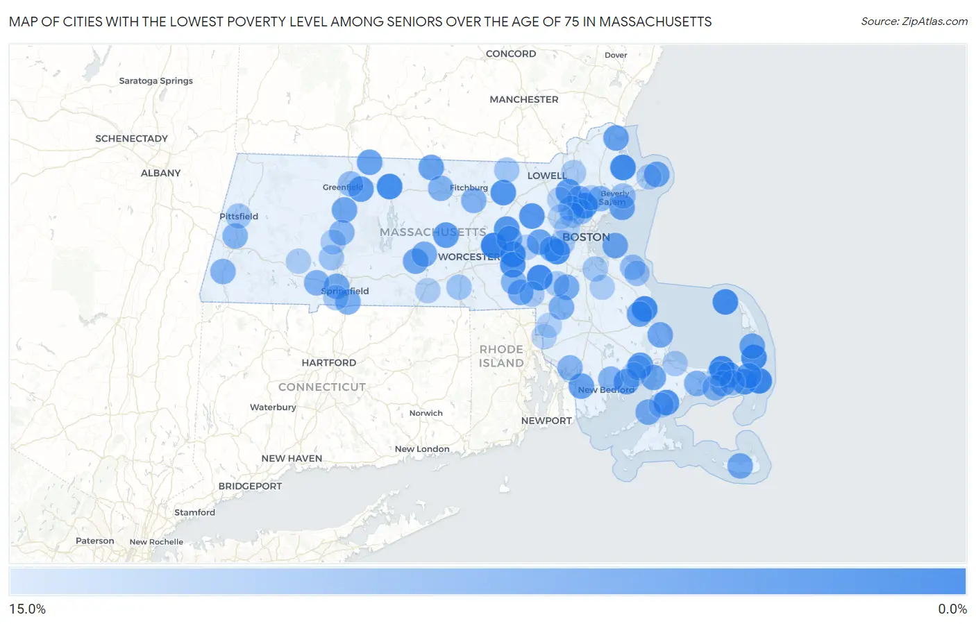Cities with the Lowest Poverty Level Among Seniors Over the Age of 75 in Massachusetts Map