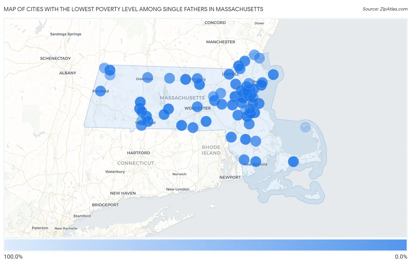 Cities with the Lowest Poverty Level Among Single Fathers in Massachusetts Map