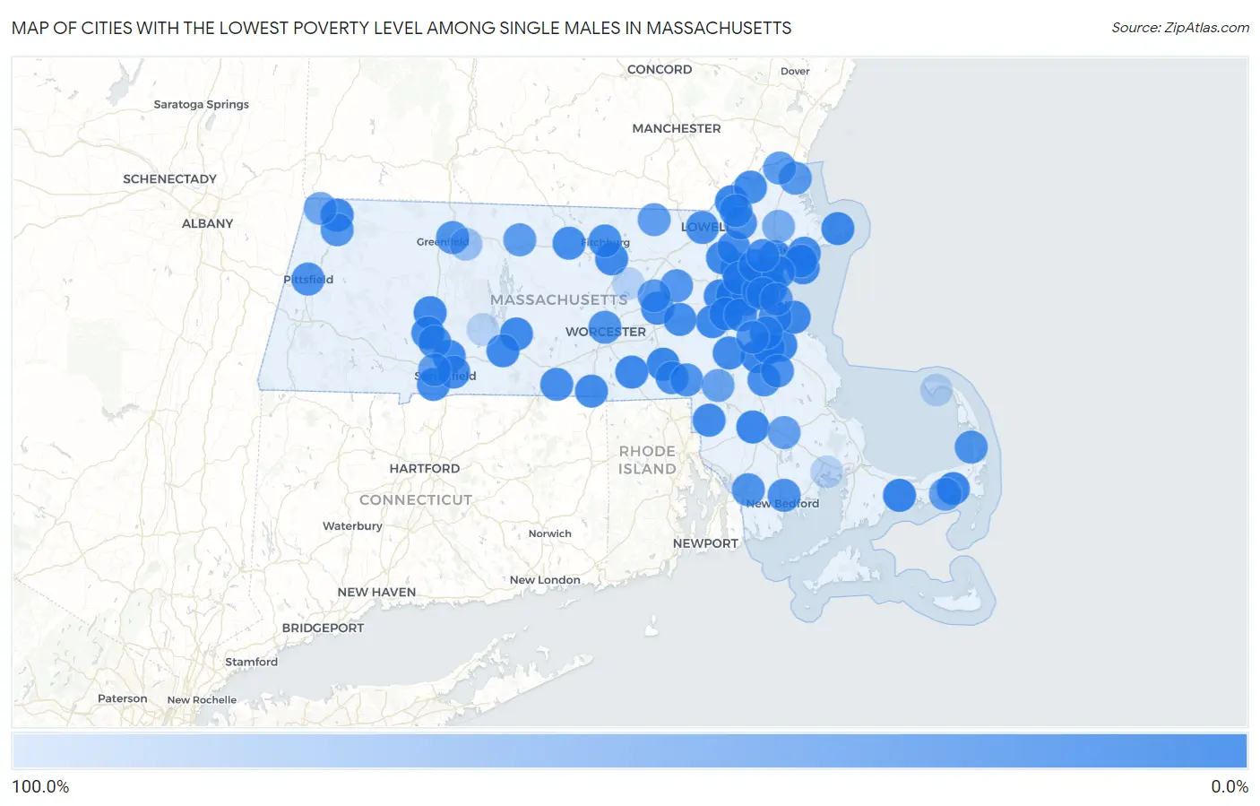 Cities with the Lowest Poverty Level Among Single Males in Massachusetts Map