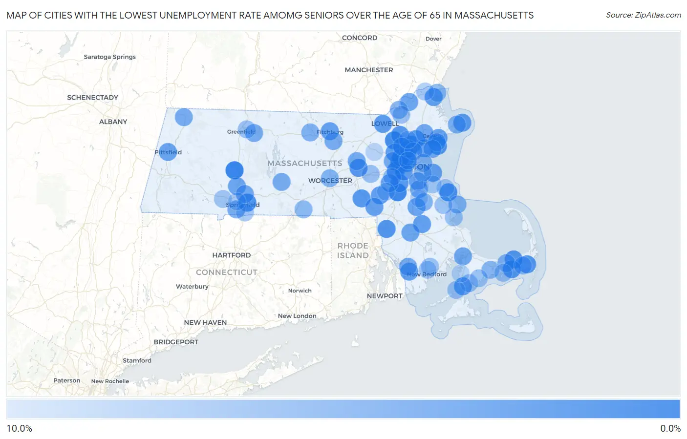 Cities with the Lowest Unemployment Rate Amomg Seniors Over the Age of 65 in Massachusetts Map