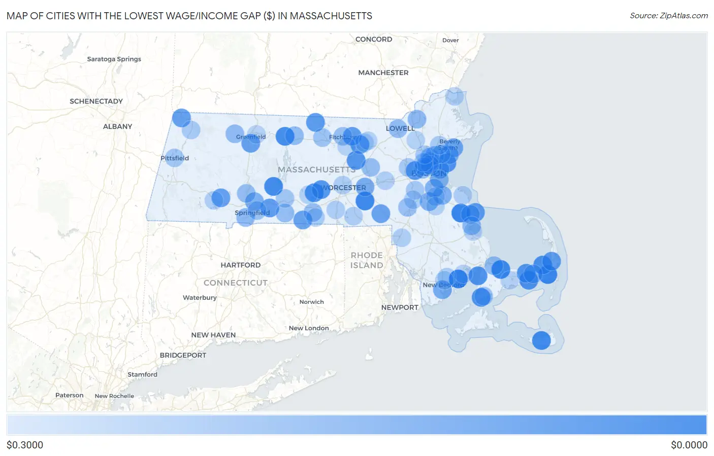 Cities with the Lowest Wage/Income Gap ($) in Massachusetts Map