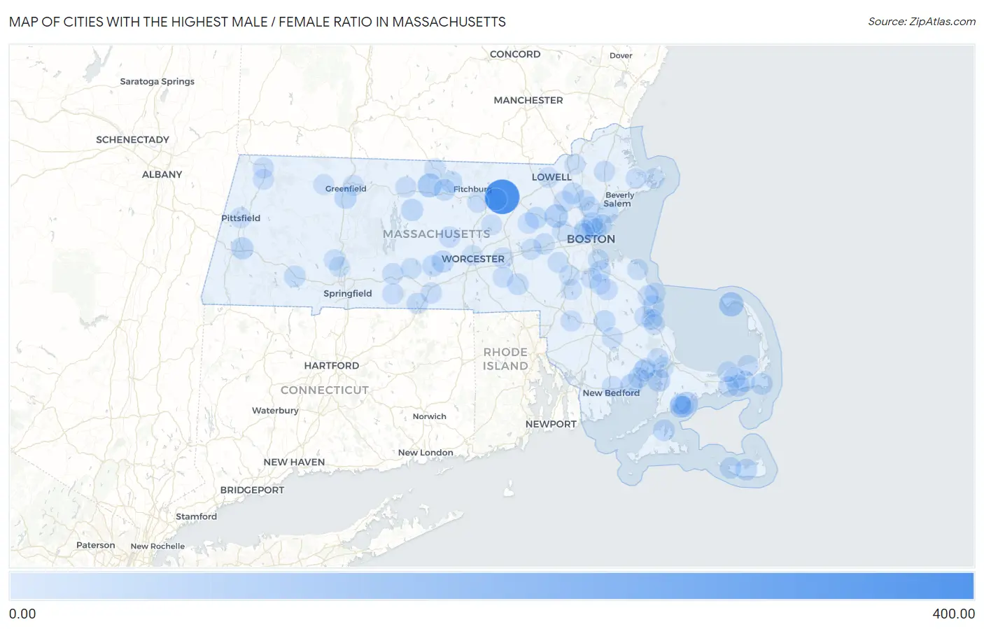 Cities with the Highest Male / Female Ratio in Massachusetts Map
