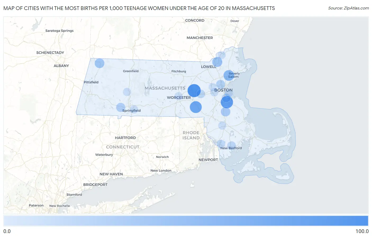 Cities with the Most Births per 1,000 Teenage Women Under the Age of 20 in Massachusetts Map
