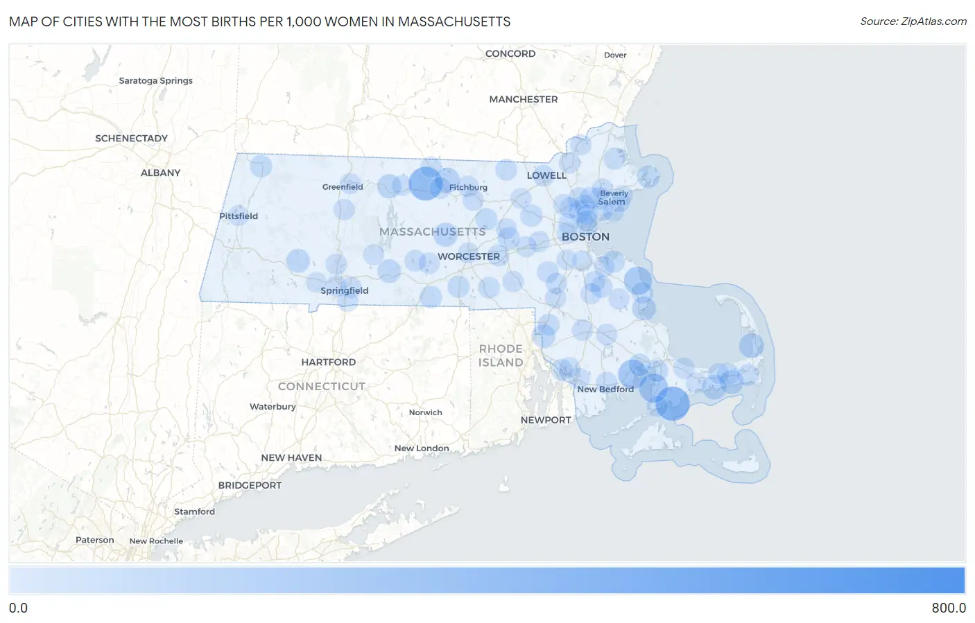 Cities with the Most Births per 1,000 Women in Massachusetts Map