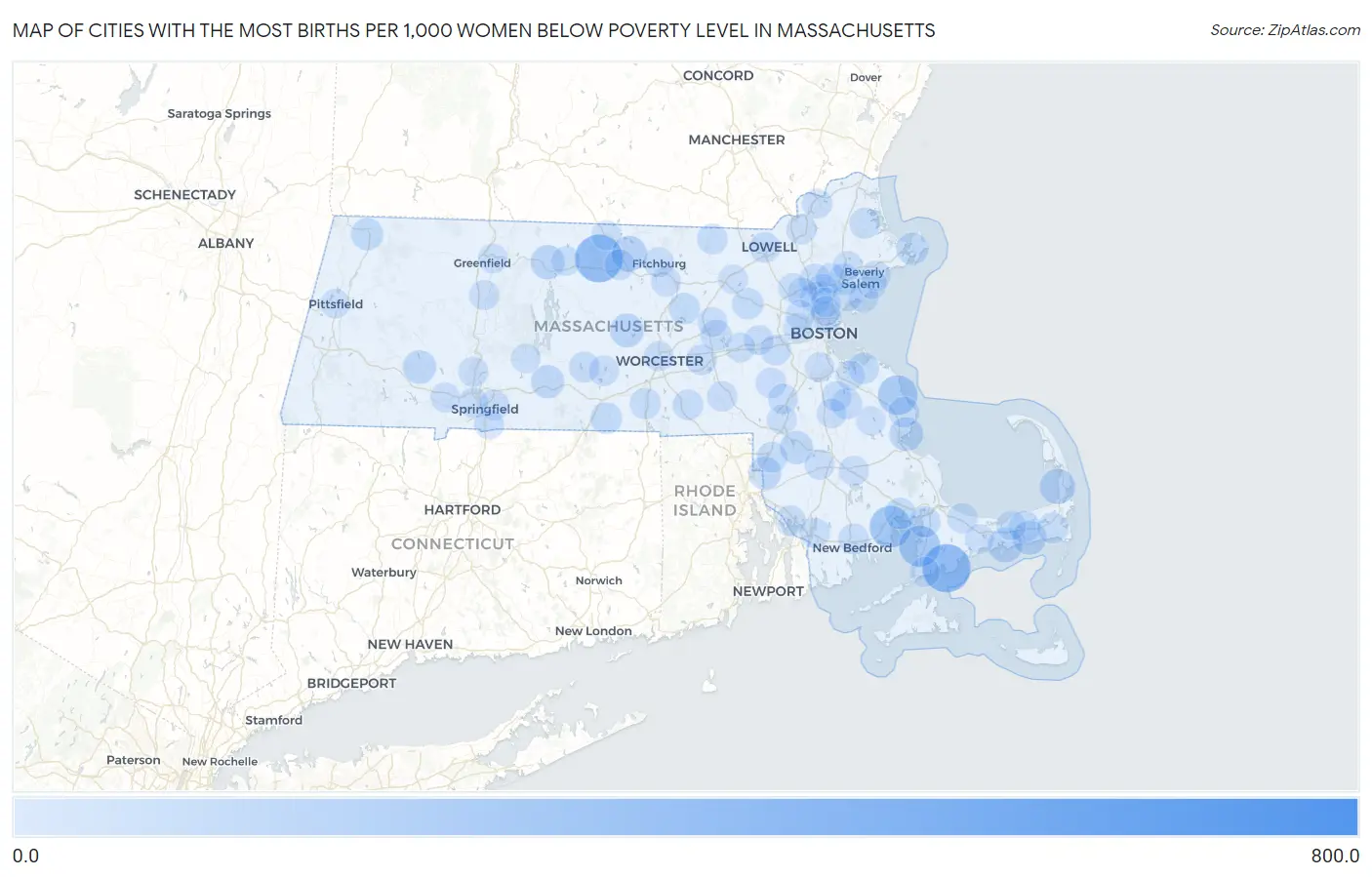 Cities with the Most Births per 1,000 Women Below Poverty Level in Massachusetts Map